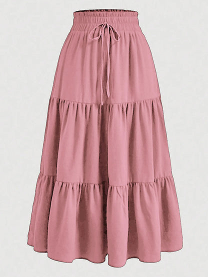 Women's Patchwork Solid Color Loose Skirt; Commuting Casual Cake Skirt; Elastic Waist Elegant Skirt