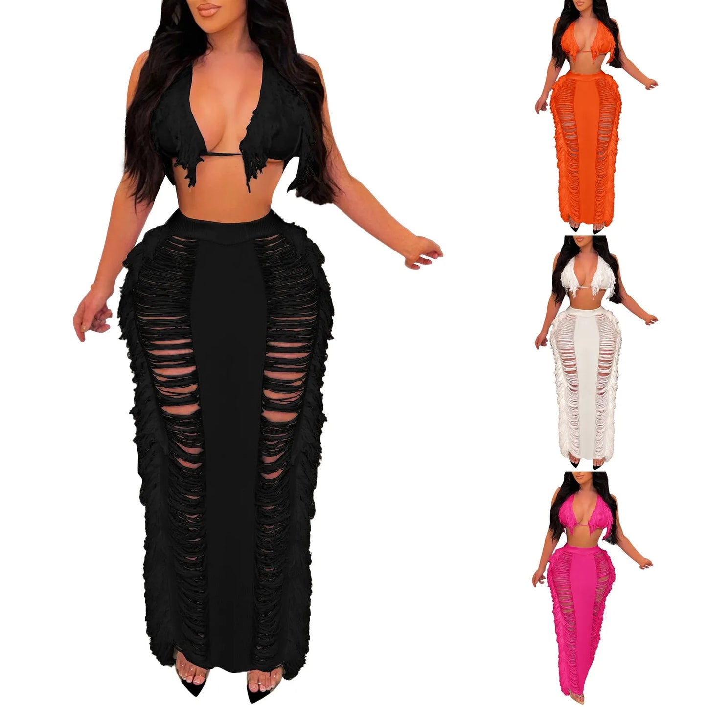 Sexy Elegant Hollow Out Knitted Tassel Wrap Hip Skirt Suit Women Vacation Beach 2 Piece Sets