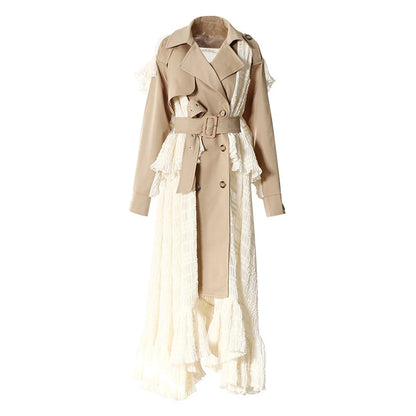 Lace Patchwork Trench Coat Women's Lapel Loose Double Breasted Windbreaker