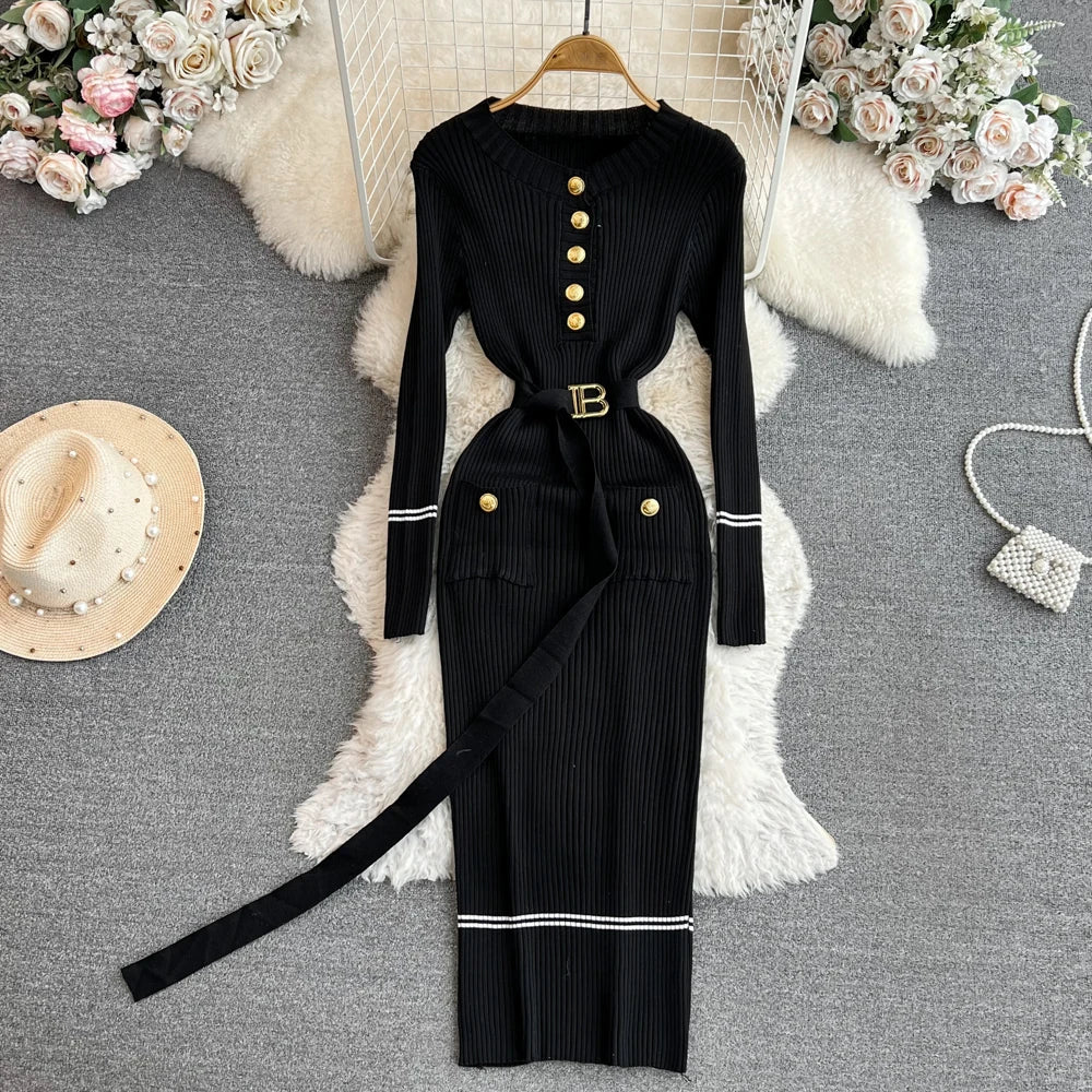 Elegant Rib Knit Long Pencil Sweater Dress with Belt Knit Dress