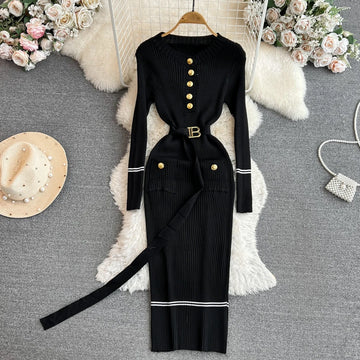 Elegant Rib Knit Long Pencil Sweater Dress with Belt Knit Dress