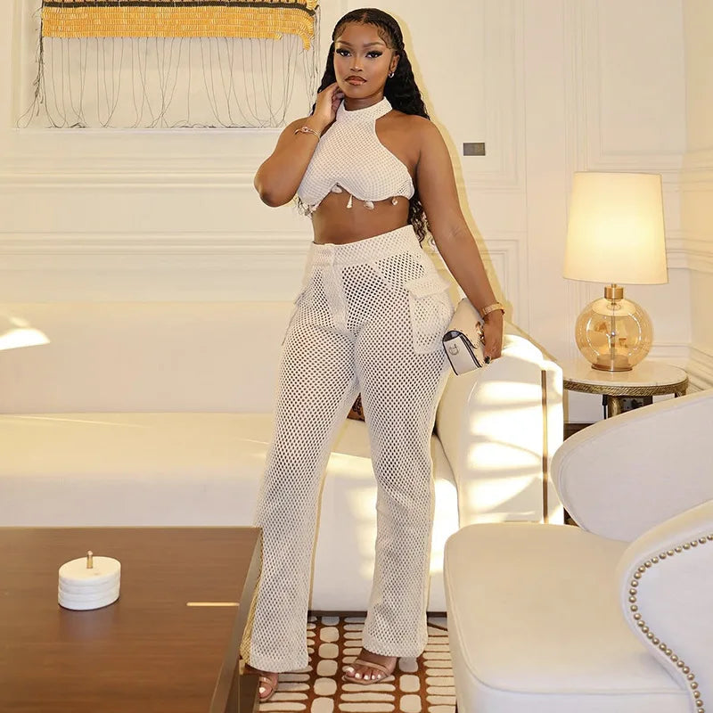 Women's Two Piece Solid Color Neck Hanging Skirt Top with Hollow Pocket Pants Set