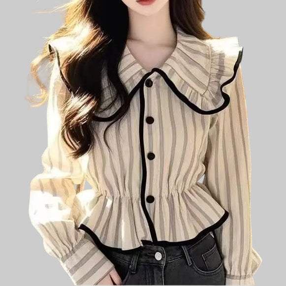 Women Vintage Apricot Striped Shirt Turn Down Collar Shirt