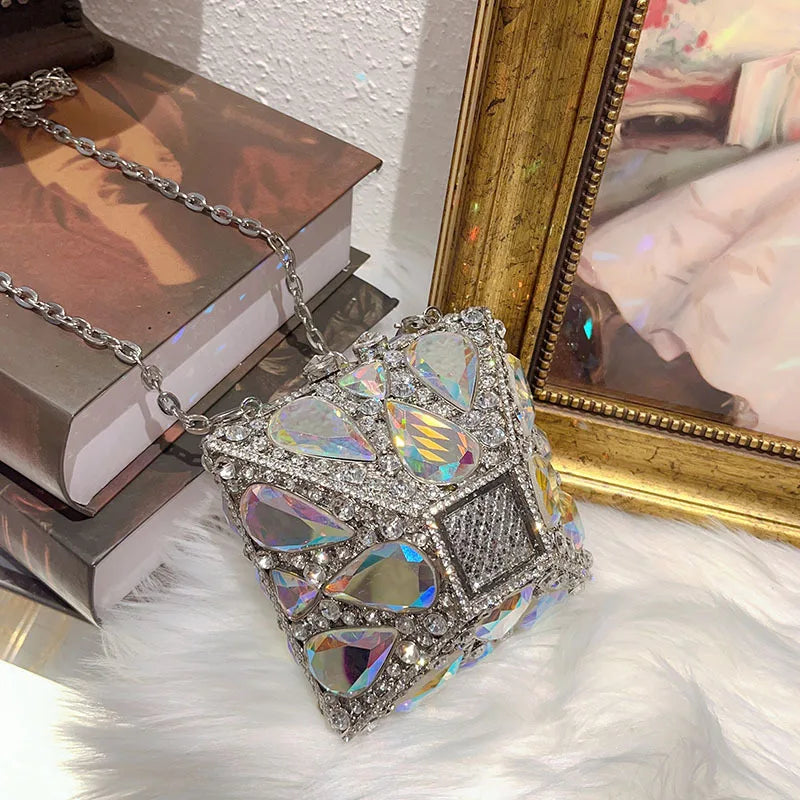 Luxury Glitter Metal Box Women Handbag Crystal Clutch Purse