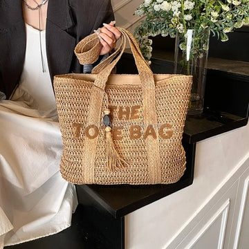 Women's Large Capacity Shoulder Bag Straw Woven Bag Letter Embroidery Handbag