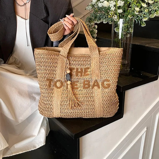 Women's Large Capacity Shoulder Bag Straw Woven Bag Letter Embroidery Handbag