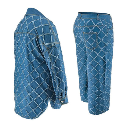 Plus Size Denim Two Piece Sets Women Long Sleeve Tops and Pants Matching Suits