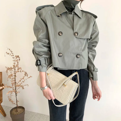 Vintage Double Breasted Crop Jacket Trench Jackets Women Loose Chic Windbreaker
