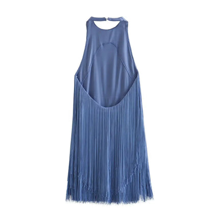 Women's Solid Color Hanging Neck Sling Backless Tassel Mini Dress
