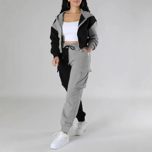 Women Loose Two Pieces Pant Suit Matching Sets Hoodie Tracksuit Blocked