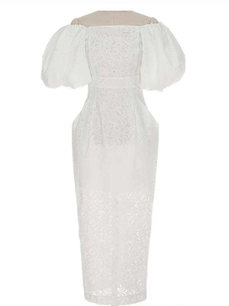Women's White Midi Dress Elegant Lace One-Piece Collar Lantern Sleeve Hip Hugging Dress