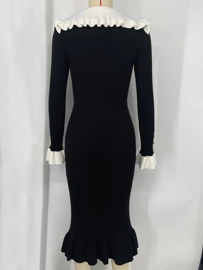 Retro Elegant High Waist Ruffled Maxi Sweater Dresses Knitted Dress