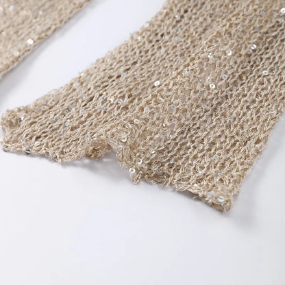 Sequins Hollow Out Pullovers Women Loose O-neck Long Sleeve Knit Sweaters