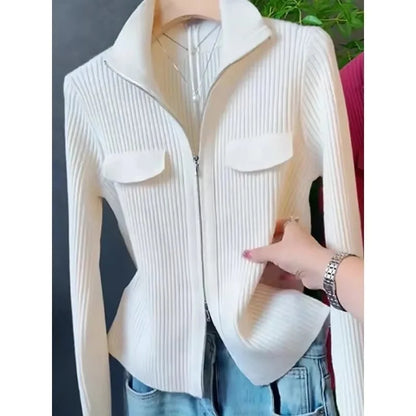Women Knitted Sweater Cardigan Short Jacket Turn-Down Collar Knit Top