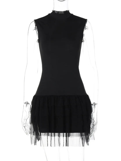 Black Mini Dress Sleeveless Mesh Patchwork Mini Evening Prom Dress Bodycon