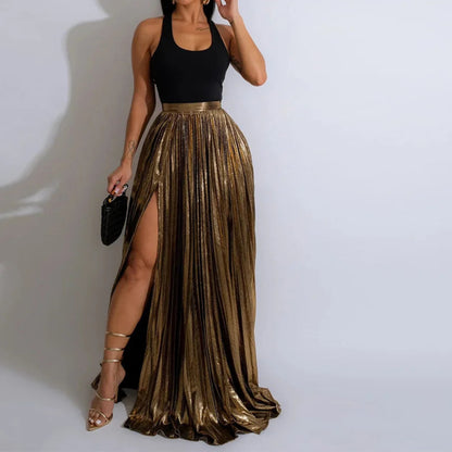 High Side Split Big Swing Pleated Floor Length Skirt High Waist Maxi Skirts