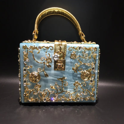 High-Grade Crystal Evening Bag Female New Hollow Out Metal Carved Flower Diamond Handbag