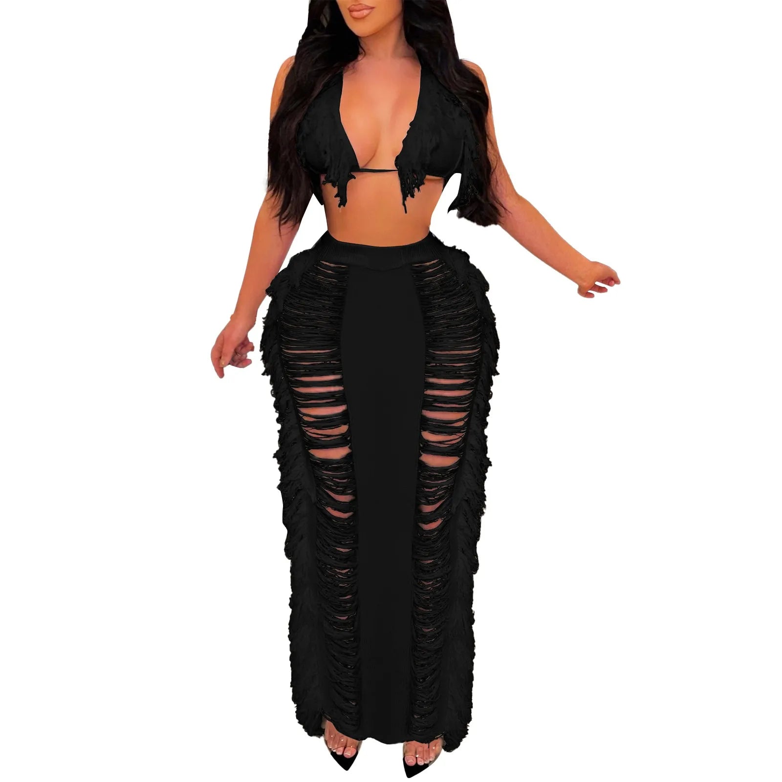 Sexy Elegant Hollow Out Knitted Tassel Wrap Hip Skirt Suit Women Vacation Beach 2 Piece Sets