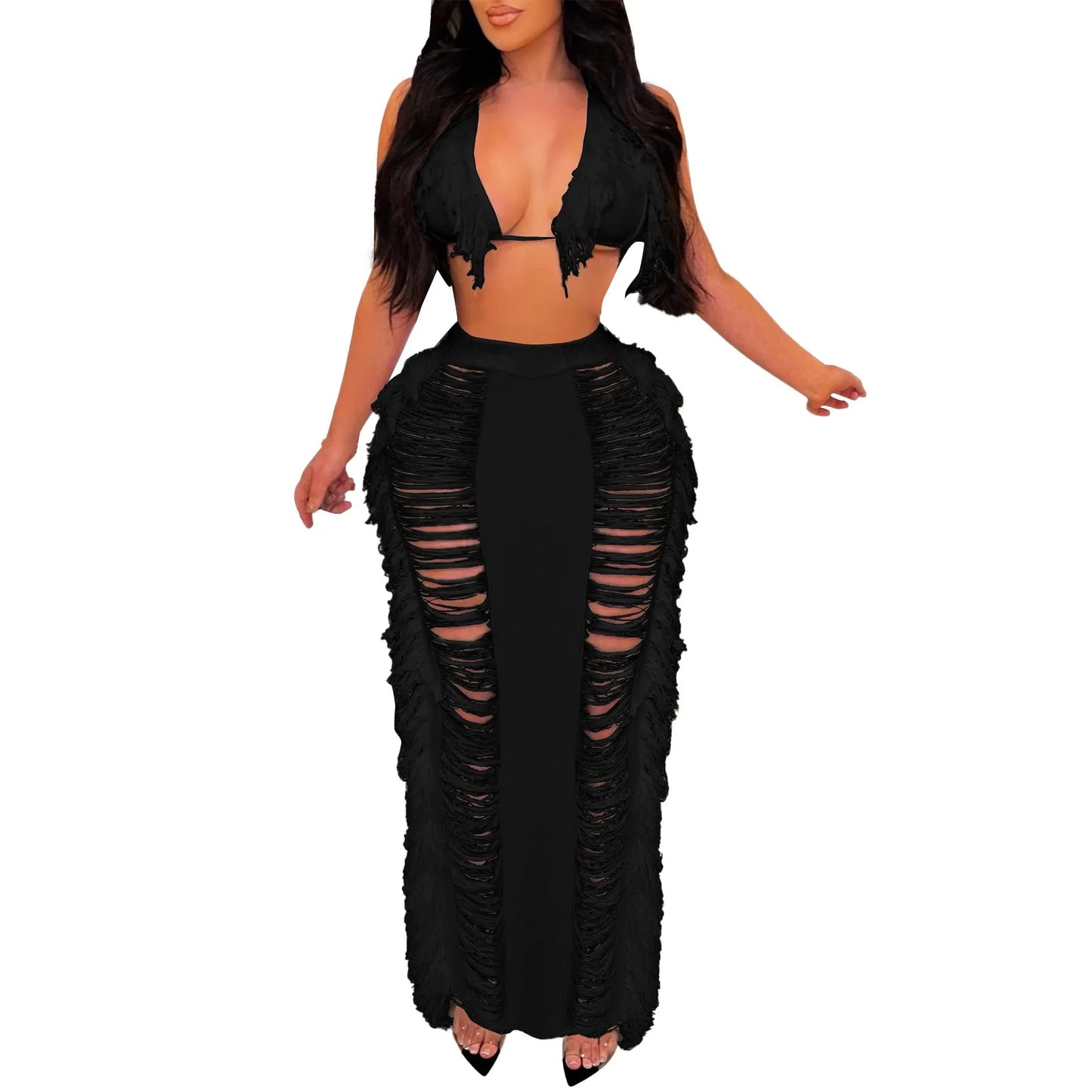 Sexy Elegant Hollow Out Knitted Tassel Wrap Hip Skirt Suit Women Vacation Beach 2 Piece Sets