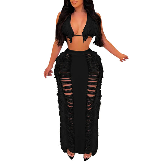 Sexy Elegant Hollow Out Knitted Tassel Wrap Hip Skirt Suit Women Vacation Beach 2 Piece Sets