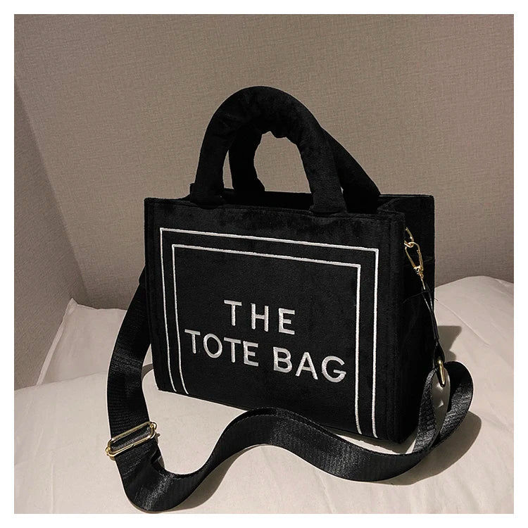 Women's Khaki Velour Tote Bag Original Letter Print Shopper Handbag