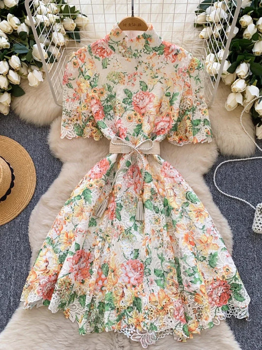 France Elegant Vintage Palace Evening Dress Women Print Hollow Out Lace Short Party Dress Female Casual Chic Festival Clothing