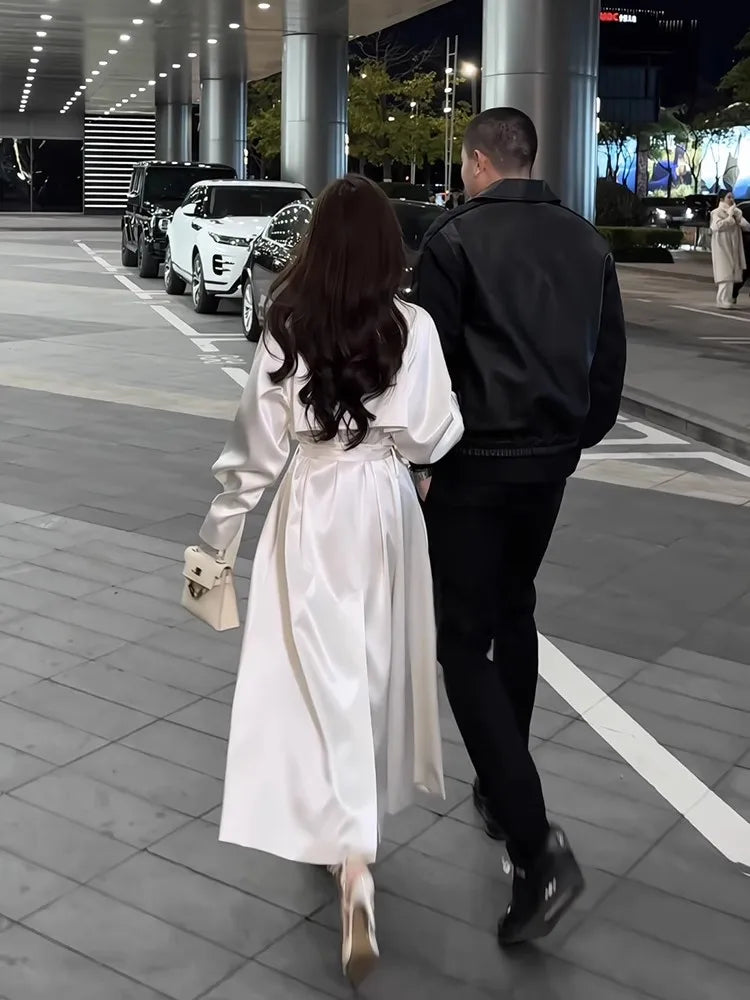Long Flowy Shiny White Trench Coat for Women Double Breasted Design