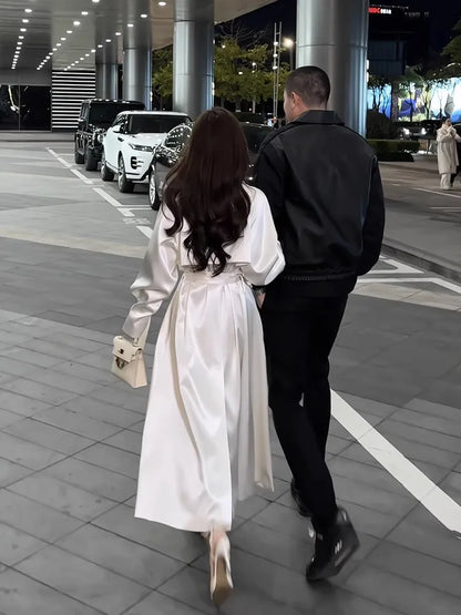 Long Flowy Shiny White Trench Coat for Women Double Breasted Design