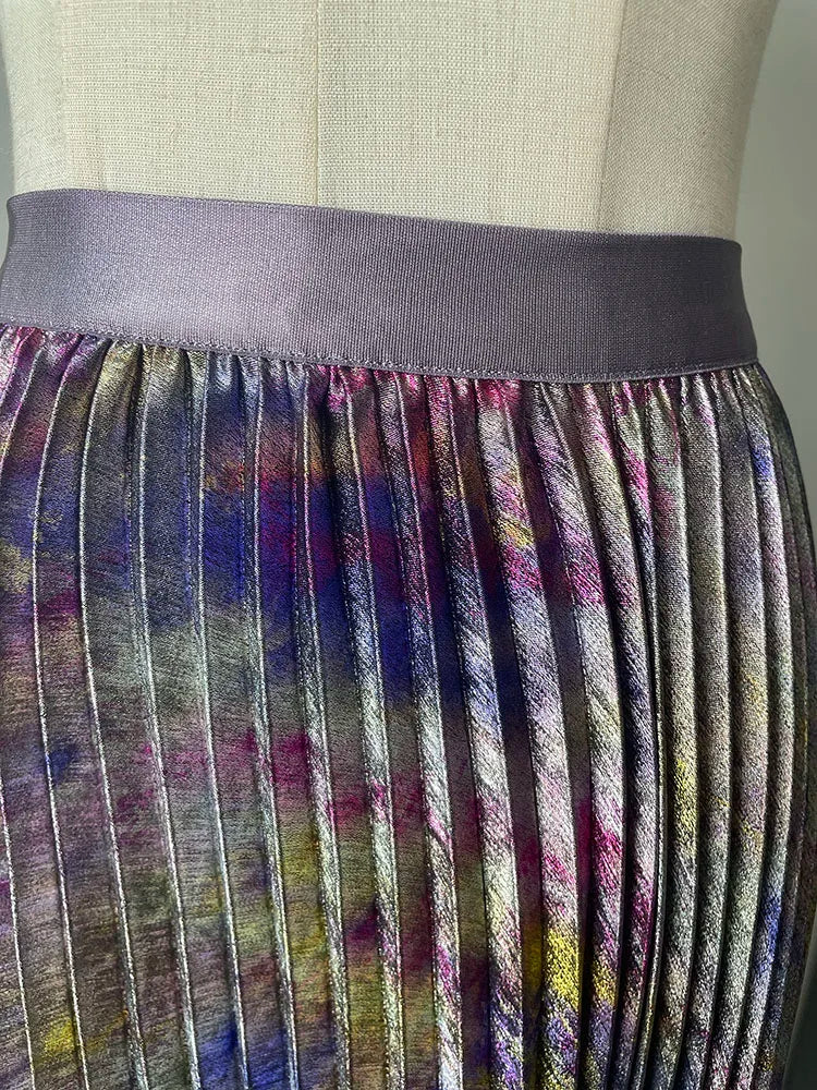 Shiny Colorful Luxury High Waist Midi Skirt Elastic Waistband Pleated Skirt