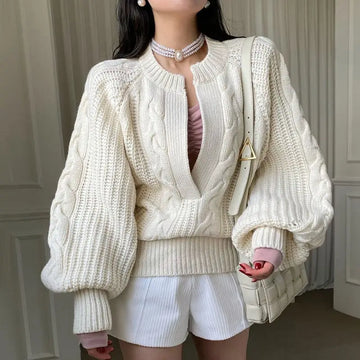 Chic Fried Dough Twists Pattern Pullover Loose Lantern Sleeve Knit Sweater