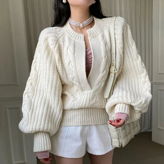 Chic Fried Dough Twists Pattern Pullover Loose Lantern Sleeve Knit Sweater