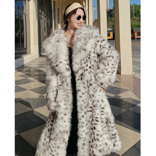 faux fur young leopard-print fur coat long knee-length mink coat