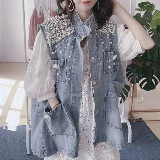 Women Pearl Denim Waistcoat Korean Fashion Cardigan Vintage Loose Vest