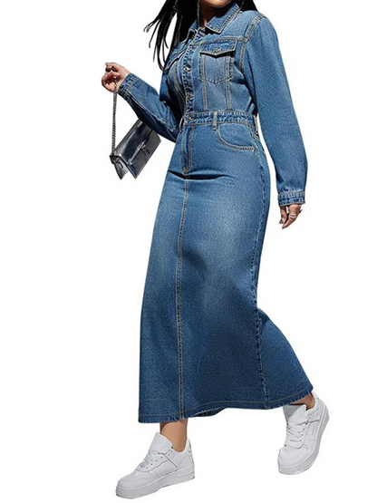 Denim Dress Women Sexy Button Bodycon Maxi Fashion Slip Hem Pockets Maxi Dressers
