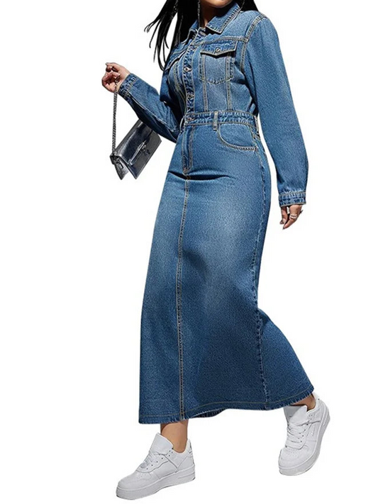 Denim Dress Women Sexy Button Bodycon Maxi Fashion Slip Hem Pockets Maxi Dressers