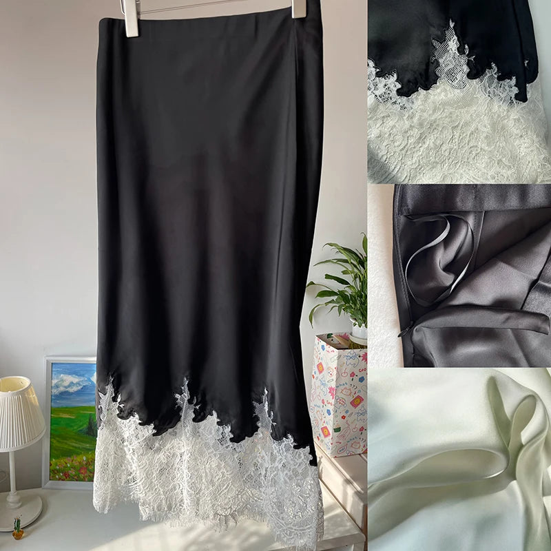 Fairy Lace-Trim Satin Midi Skirt High Waist Elegant Wrapped Hip Long Skirts