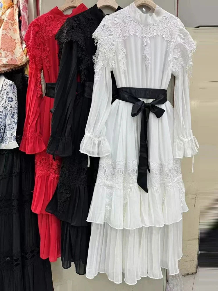 Sexy Long Sleeves Lace Patchwork Maxi Dress Women Red O Neck Folds A-line Cocktail Gown