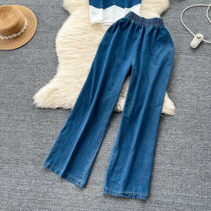 Women Denim pant sets Design Matching Color Short-sleeved T-shirt Tops + High-waisted Casual Pants
