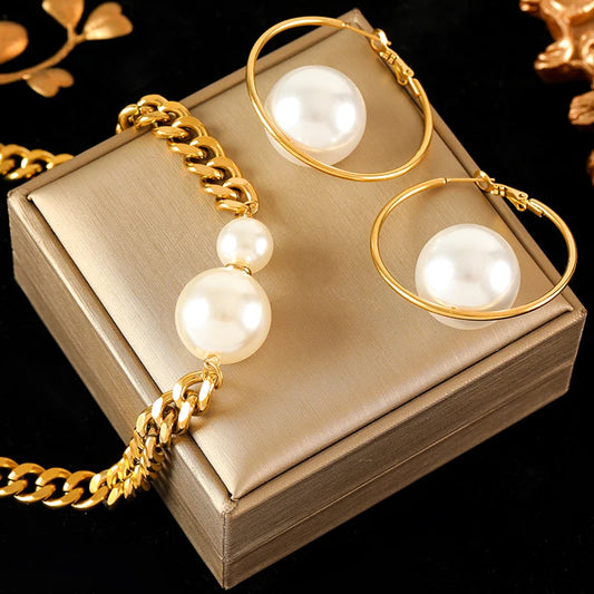 Stainless Steel Exaggerated Large Pearls Necklace Earrings Set For Women