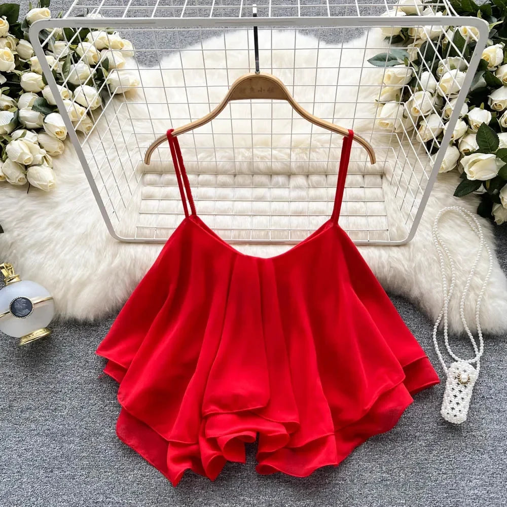 Summer Tops Spaghetti Straps Ruffle Sleeveless Tanks and Crop Tops Solid Tank Camisoles Women Y2k