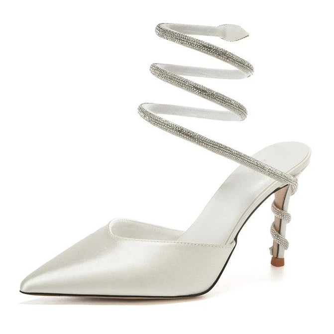 Women's Sexy Snake-Strap Rhinestone Suede Pointed High-heeled Wedding Shoes