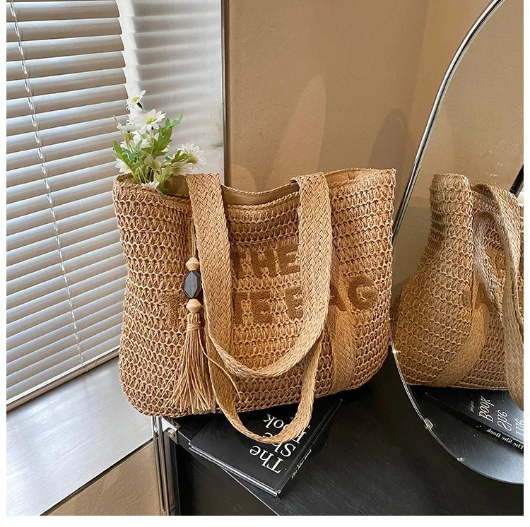 Women's Large Capacity Shoulder Bag Straw Woven Bag Letter Embroidery Handbag