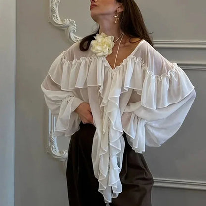 White Chiffon Shirt Women's V-Neck Sexy See Through Shirt Beach Ruffle Blouse