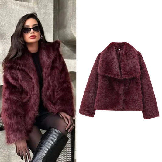 Women's Fur Coat Plush Burgundy Bomber Jacket Solid Crop Jacket Winter Coats
