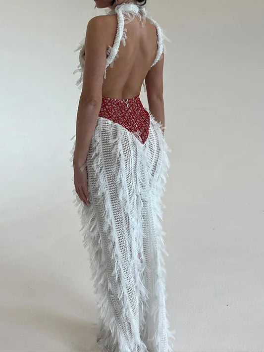 Chic Short Tassels See Through Sleeveless Contrast Fashion Birthday Party Maxi Dress