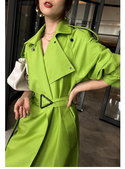 Luxury Long Oversized Bright Green Faux Leather Trench Coat for Women