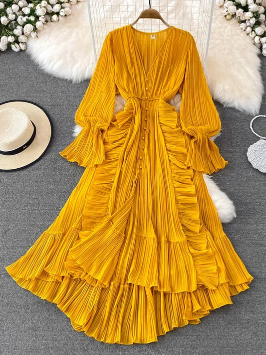Holiday Ankle Length V Neck Puff Sleeve Lace Elegant Evening Party Summer Dress