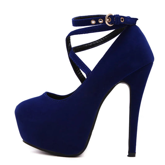Super High Heels 14cm Platform Women Pumps Flock Cross Buckle Ladies Heels
