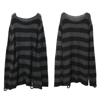 Punk Gothic Long Sweater Women Striped Broken Jumper