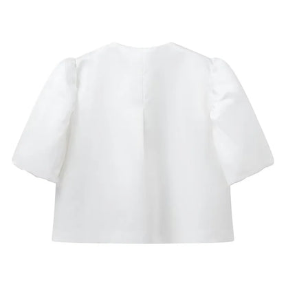 Solid Satin Women's Blouse Top With Pouf Balloon Sleeve O Neck Loose Blouses